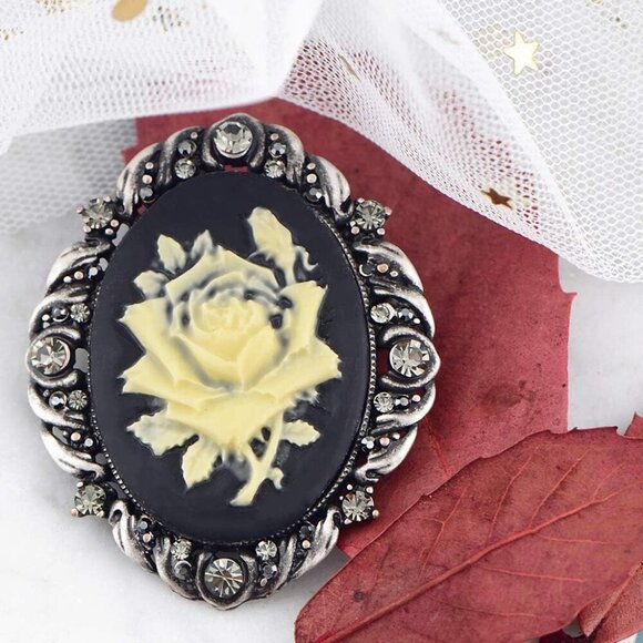 Vintage Inspired Antique Reproduct Rose Pink Crystal Flower Cameo Pin Brooch - Picture 2 of 7